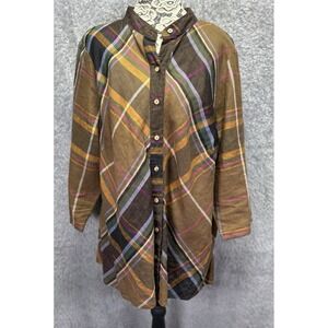 Autograph Womens 1X 100% Linen Shirt‎ Brown Plaid Button Up Fall Lagenlook